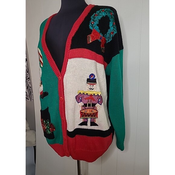 VTG Work In Progress Cardigan Sweater Knit Women Sz 2X Holiday Mistletoe Santa - Picture 3 of 12
